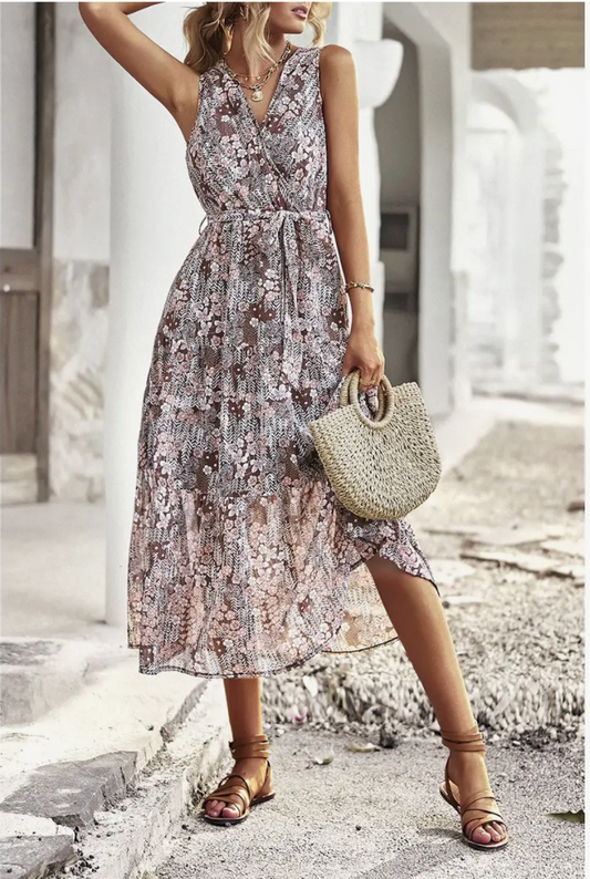 Floral Print Cross V Neck Belt Fit Sleeveless Dress