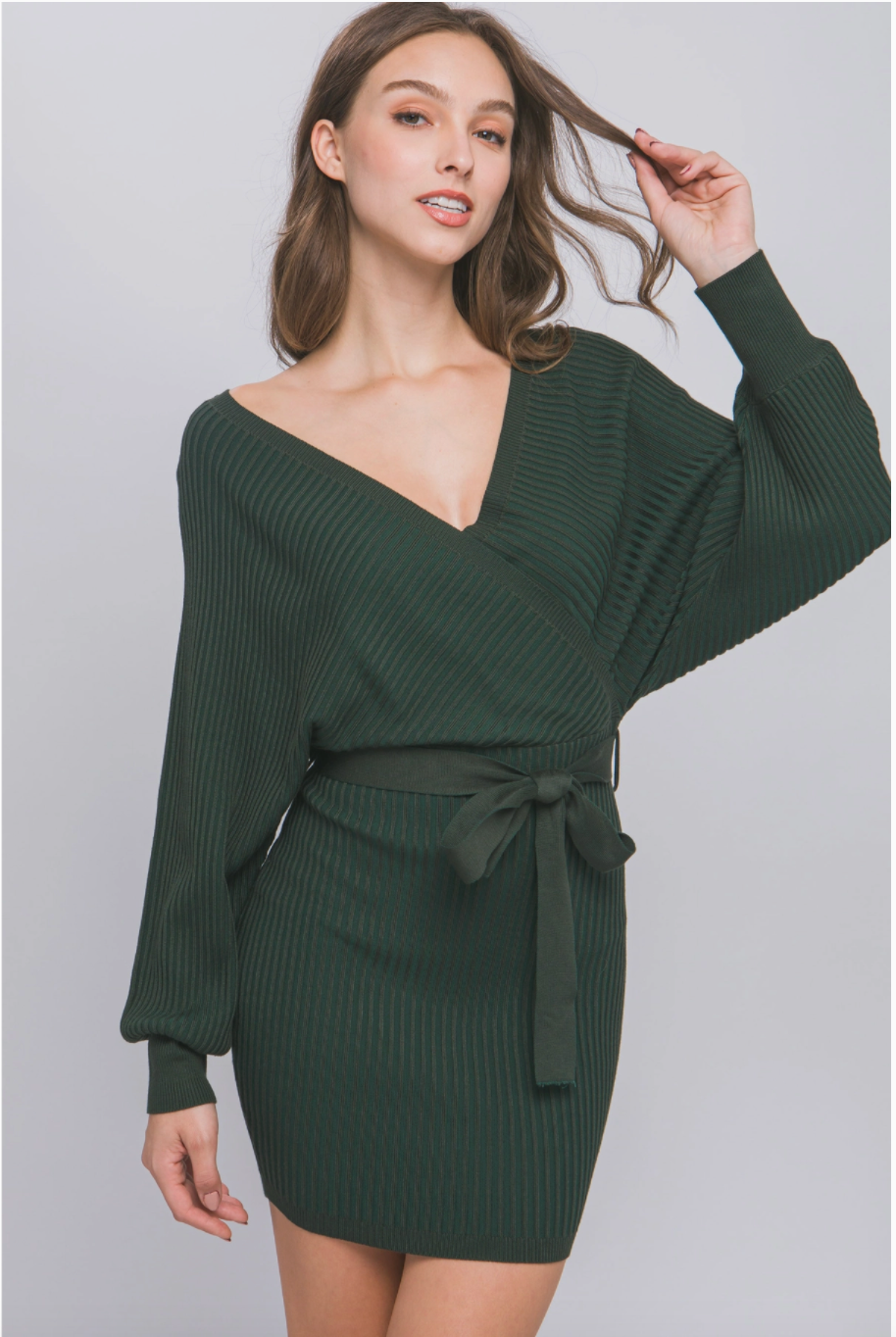 Wrap Sweater Belted Ribbed Dress