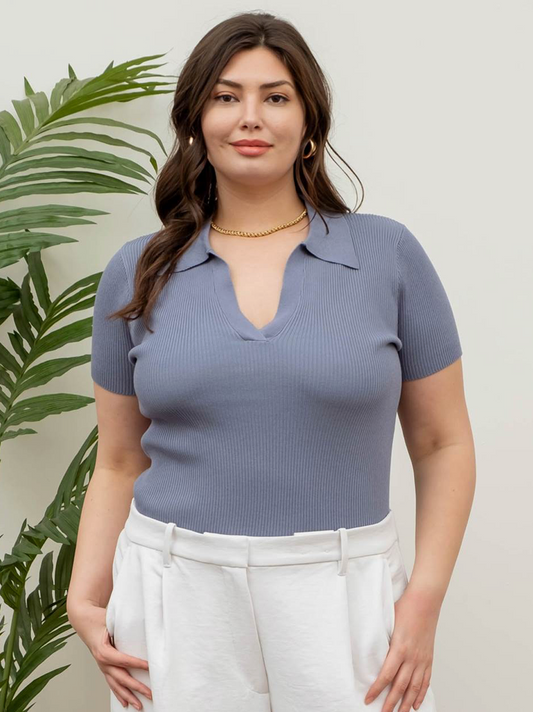 Plus size collared ribbed top