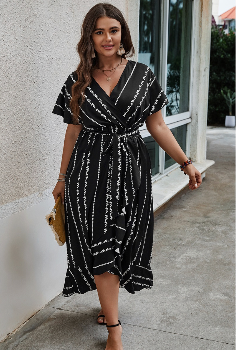 Plus Size Belted Asymmetric Hem Dress