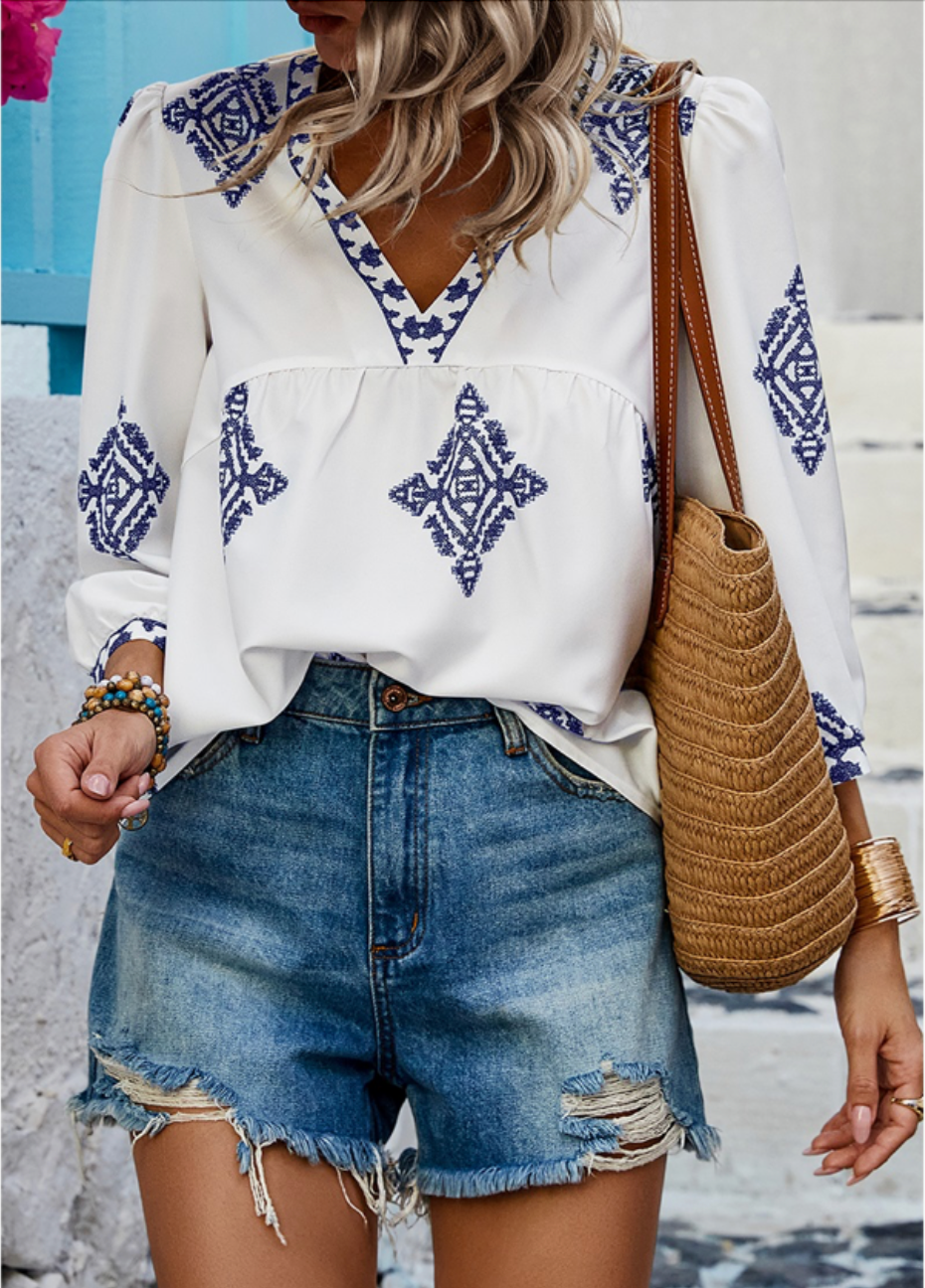 Coastal White and Blue Loose Fit Top