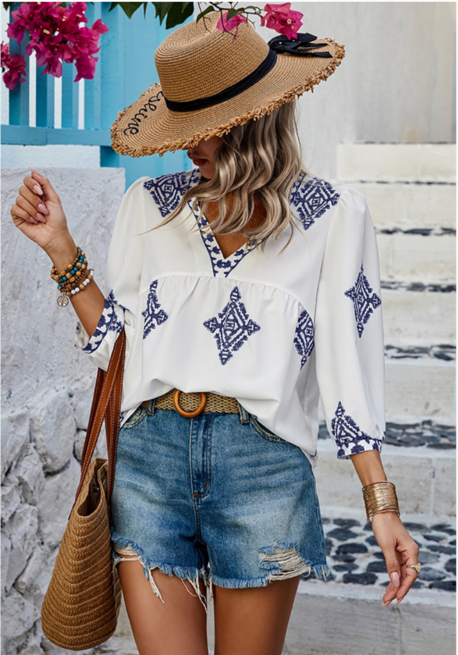 Coastal White and Blue Loose Fit Top