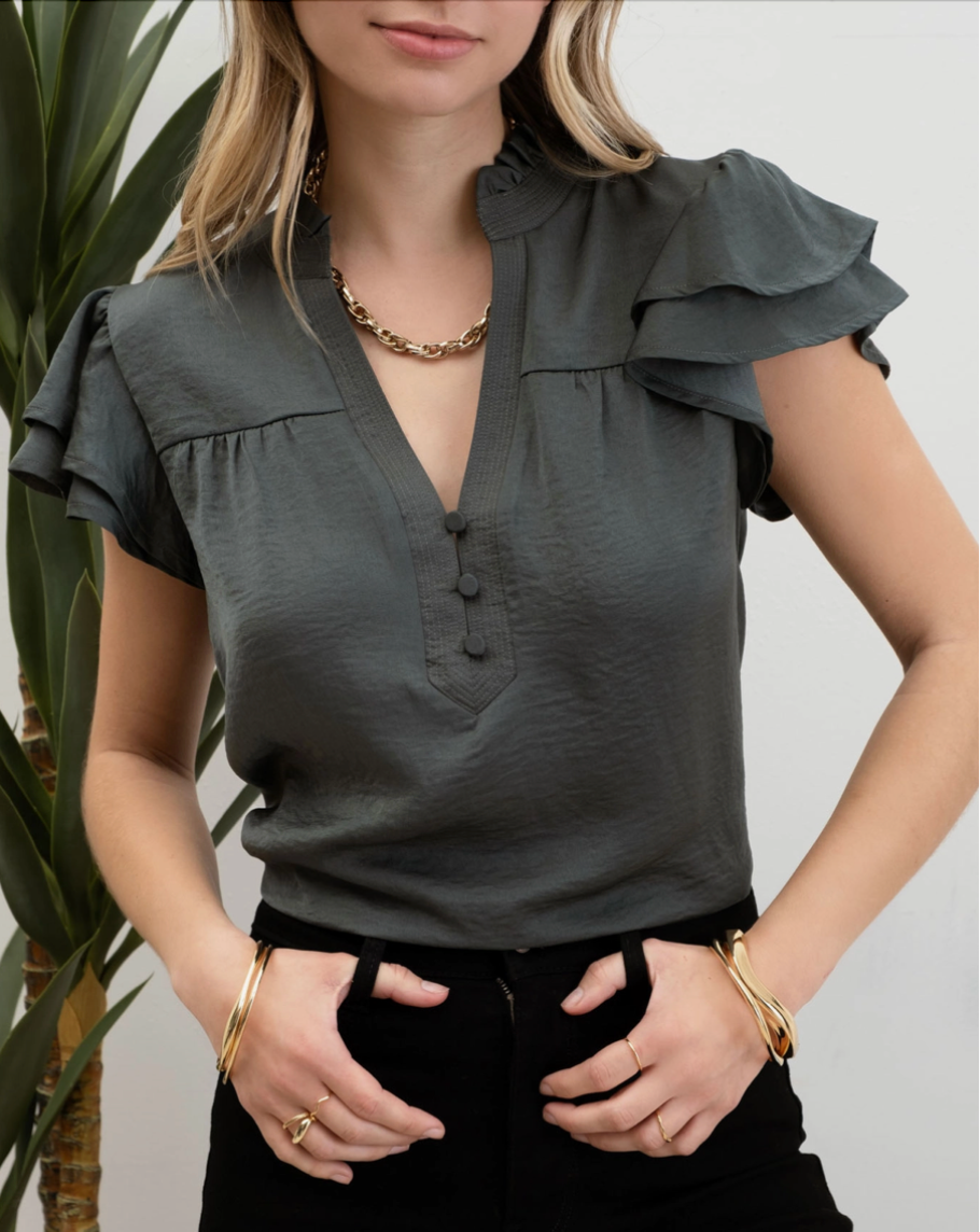 Ruffle Collar Button Top