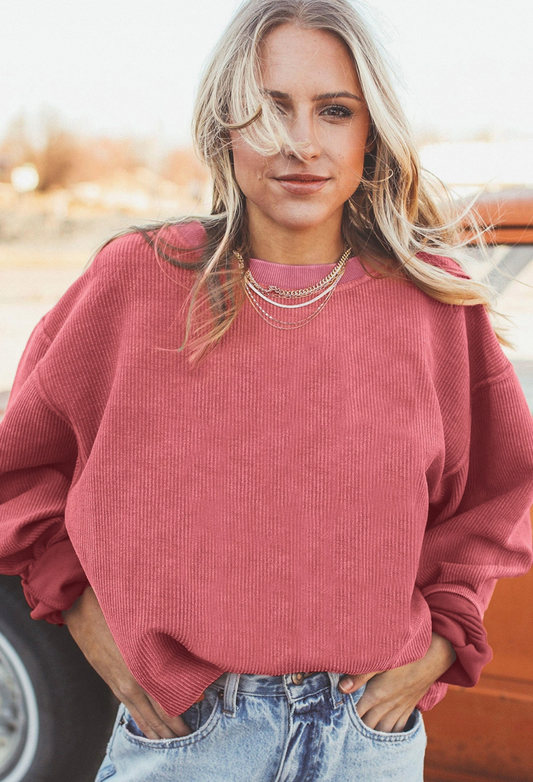 Long Sleeve Ribbed Corded Oversized Sweatshirt