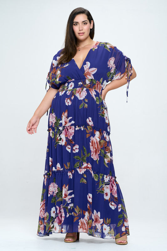 Plus Size Chiffon Floral Surplice Tiered Maxi Dress