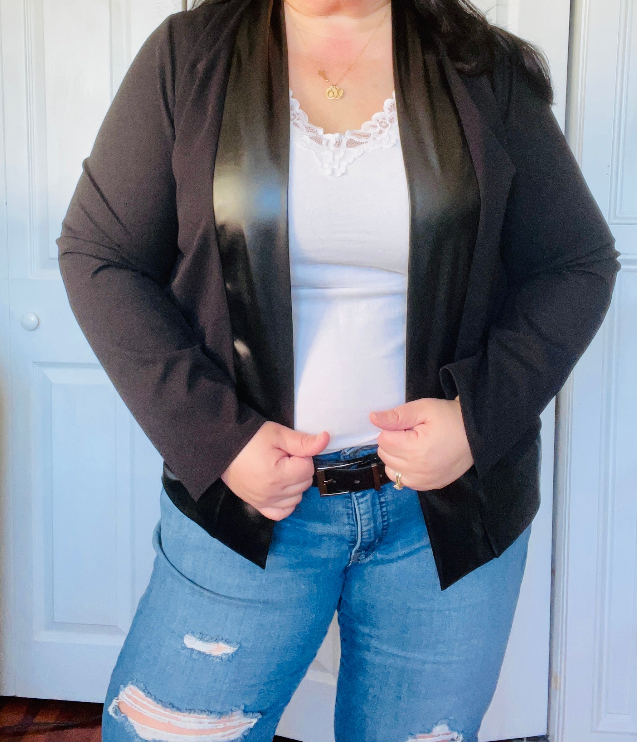 Faux leather trim on sale cardigan