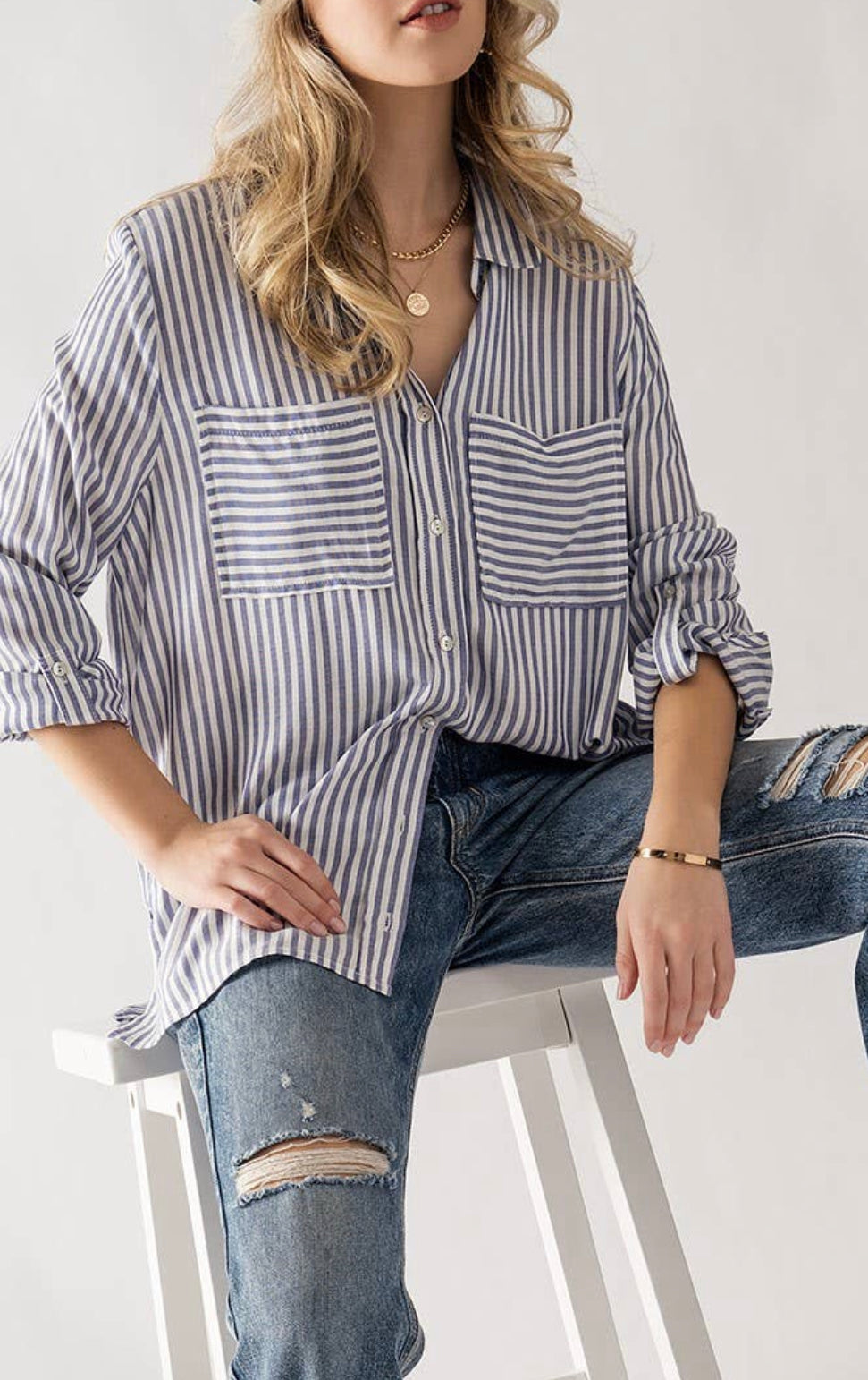 Women's Striped Button Down Square Pocket Shirt