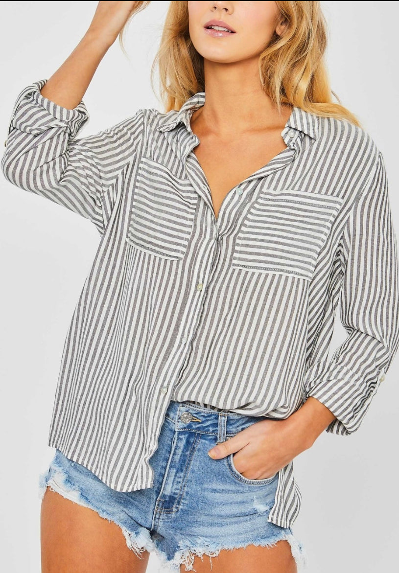 Women's Striped Button Down Square Pocket Shirt