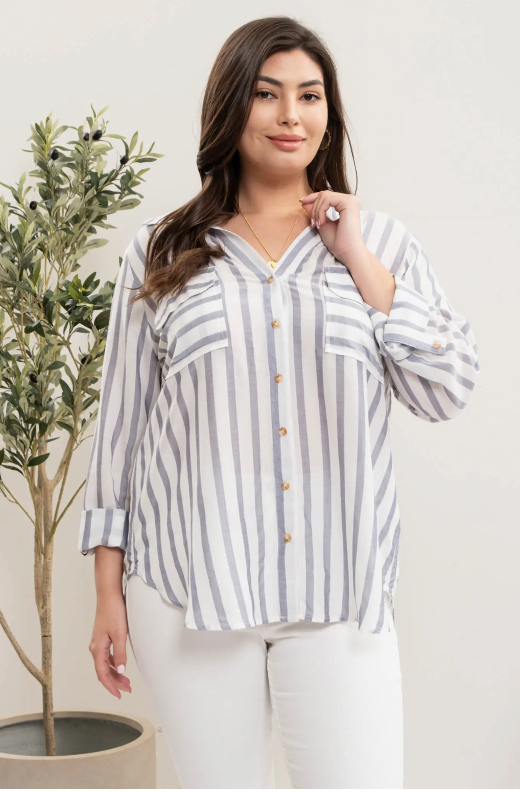 Plus Size Striped Pocket Shirt