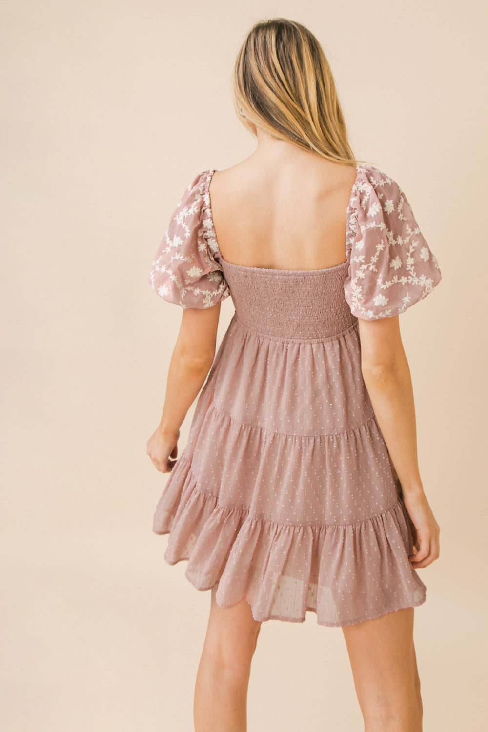 Textured Tiered Mini Dress with Lace Puff Sleeves