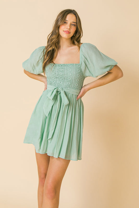 Lace Inset Mini Dress in Mint